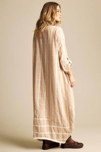 Vestido Longo De Linho Bege Listrado Yacamim C7