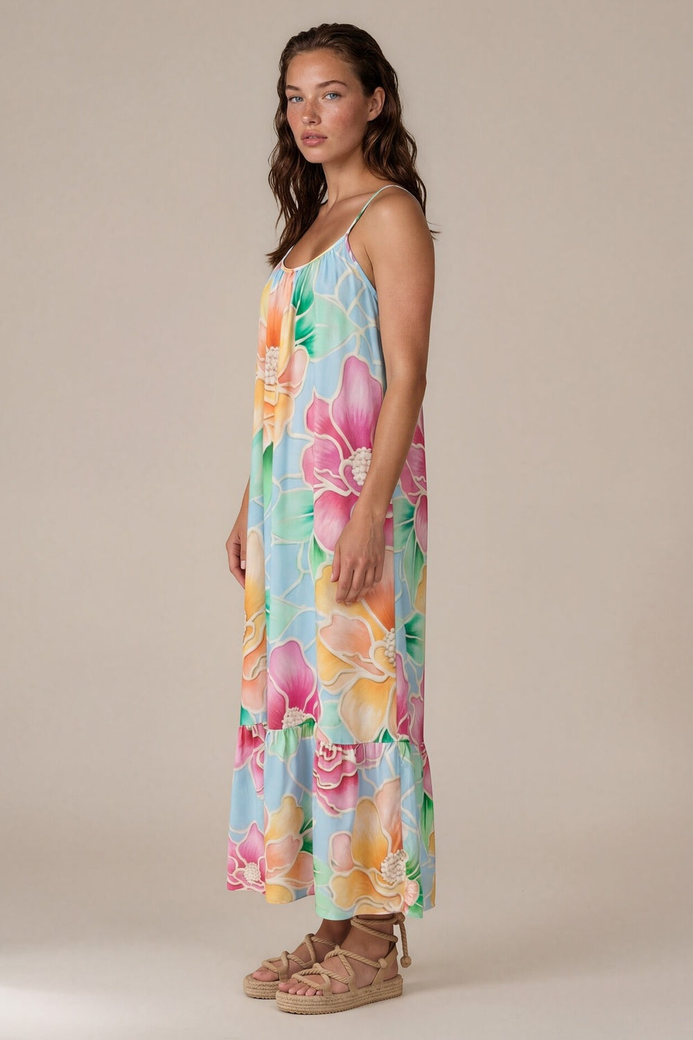 Vestido Longo De Alças Reguláveis Azul Claro Estampado Yacamim E18