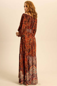 Yacamim Brown Patchwork Print Long V-Neck Off-Shoulder Dress