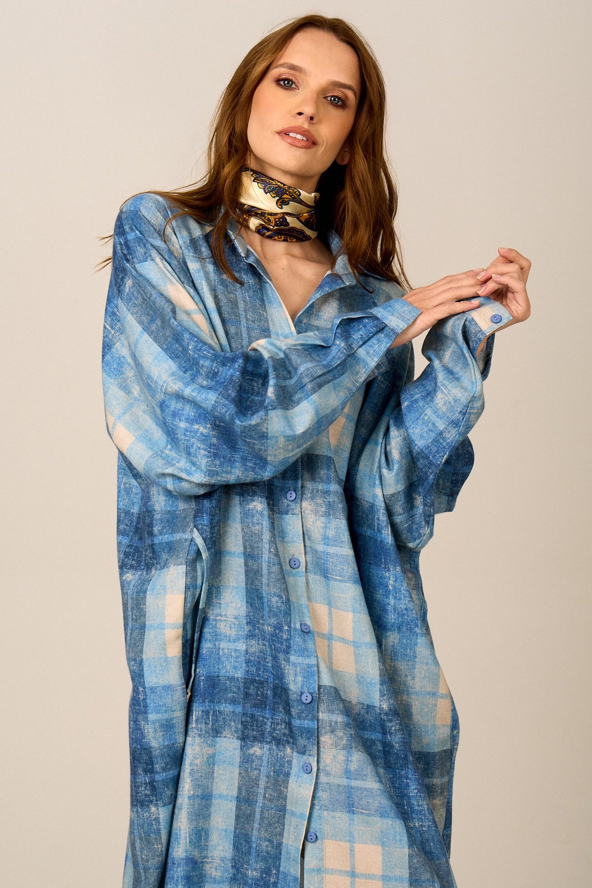 Yacamim M10 Blue Plaid Cotton Long Shirt