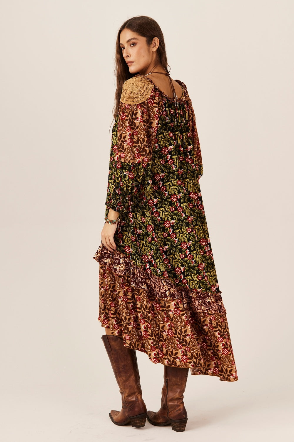 Yacamim C28 Green and Brown Patchwork Wide Midi Dress