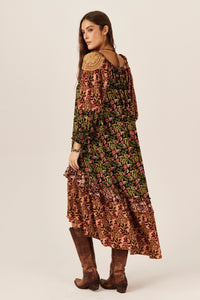 Yacamim C28 Green and Brown Patchwork Wide Midi Dress