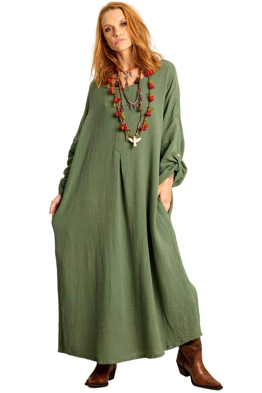 Long Dress with Long Sleeves and Pockets Moss Green Yacamim D26