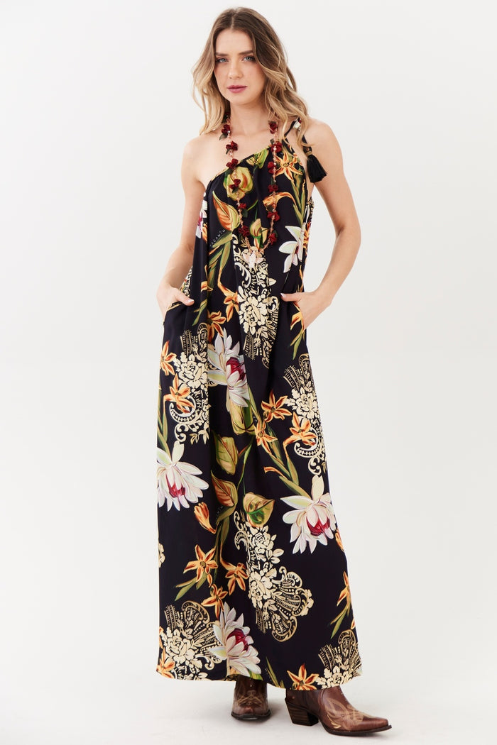 Yacamim E20 Printed Black Halter Neck Maxi Dress