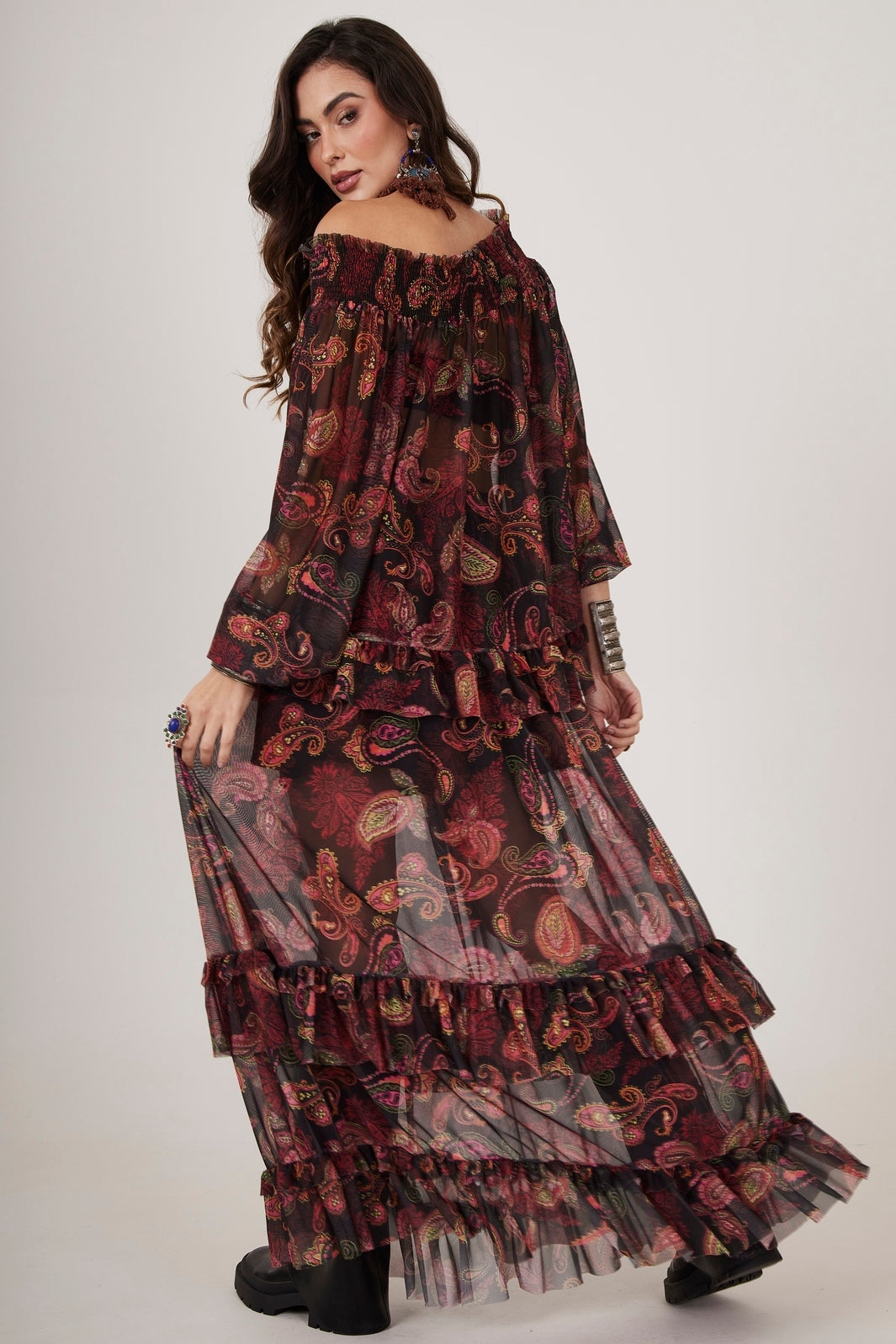Yacamim A11 Black Tulle Long Skirt with Cashmere Print