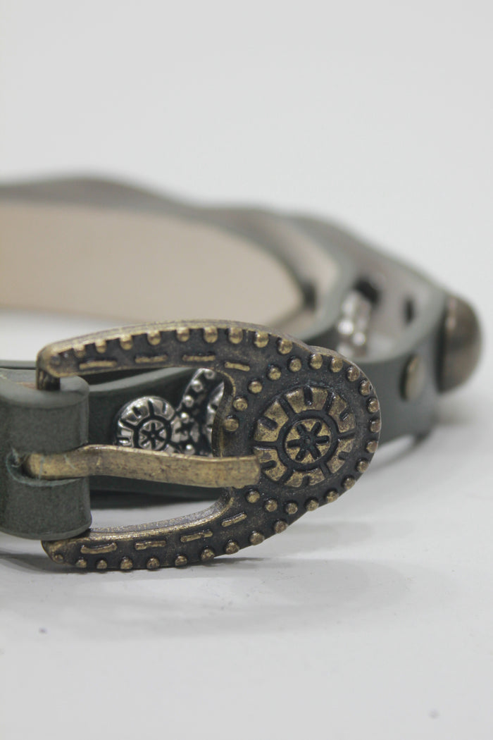 Dark Green Leather Belt With Old Gold Buckle Yacamim #668