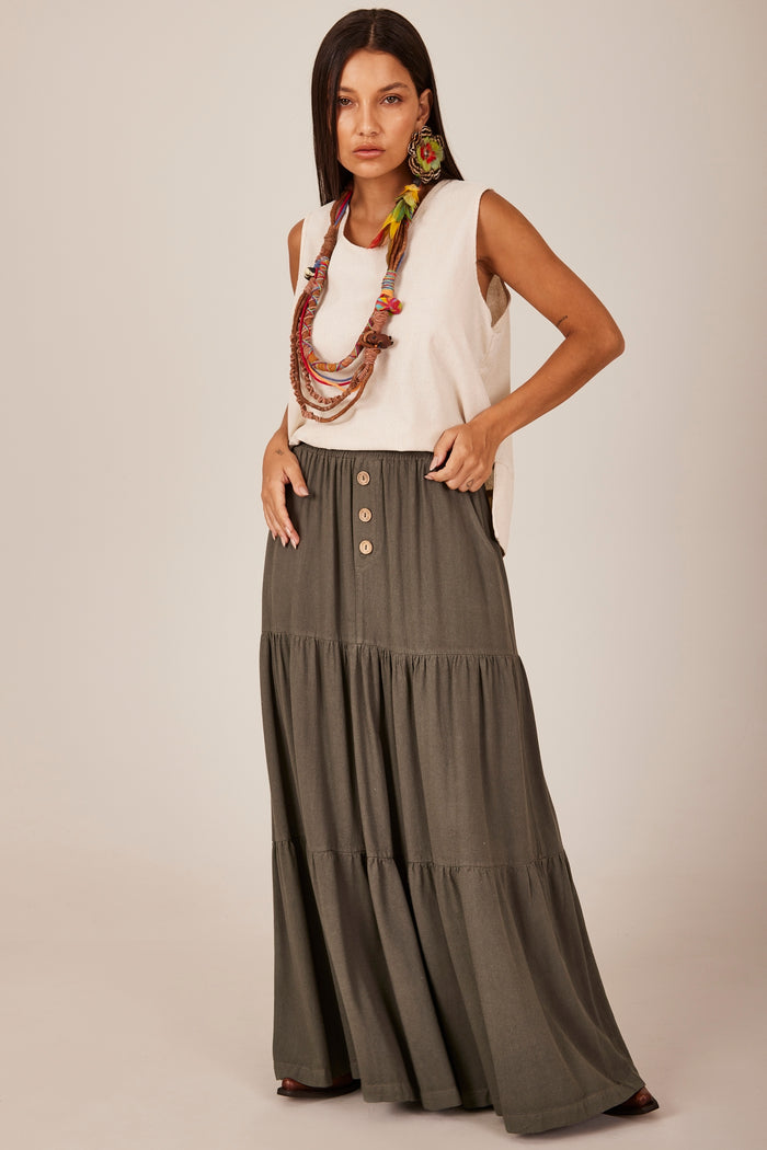 Yacamim H1/2 Plain Dark Green Linen 3-Tier Long Skirt