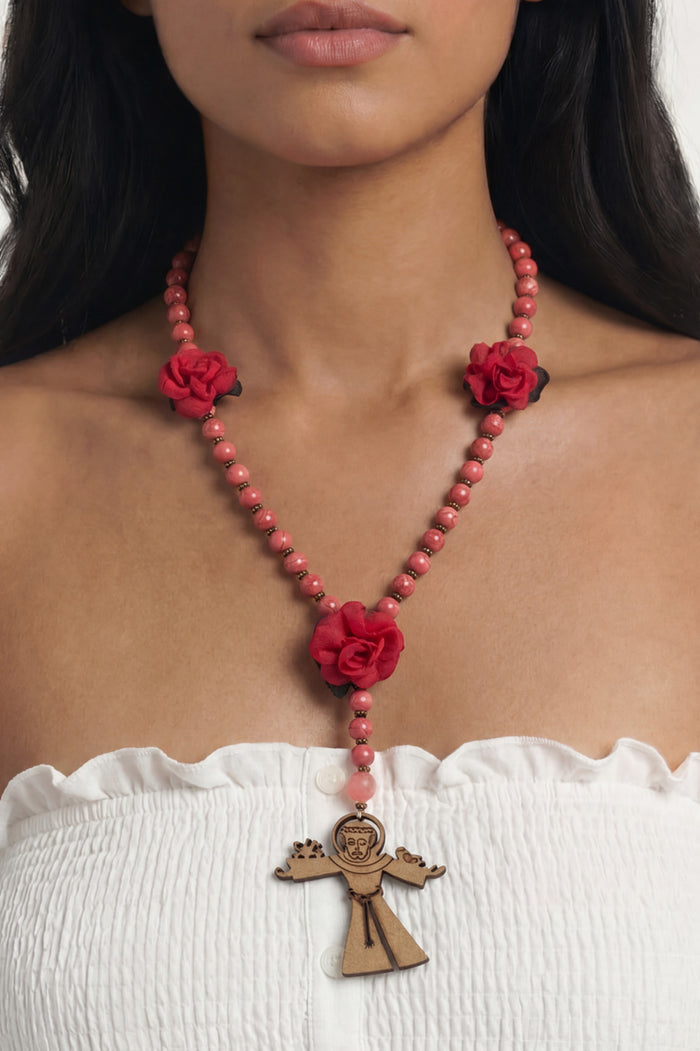 Yacamim Pink Saint Francis of Assisi Rosary Necklace