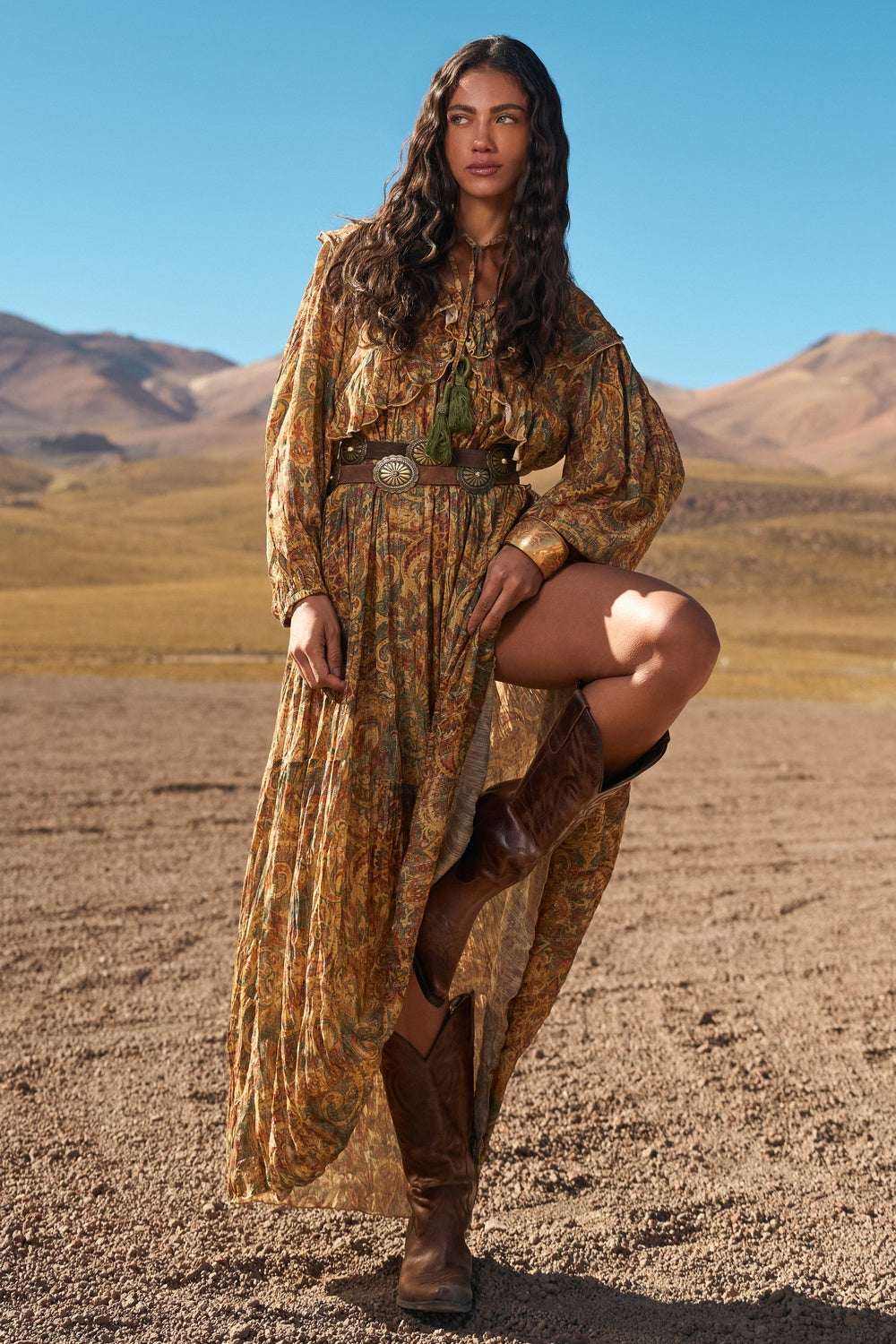 Dark Beige Paisley Lurex Long Dress Yacamim C7