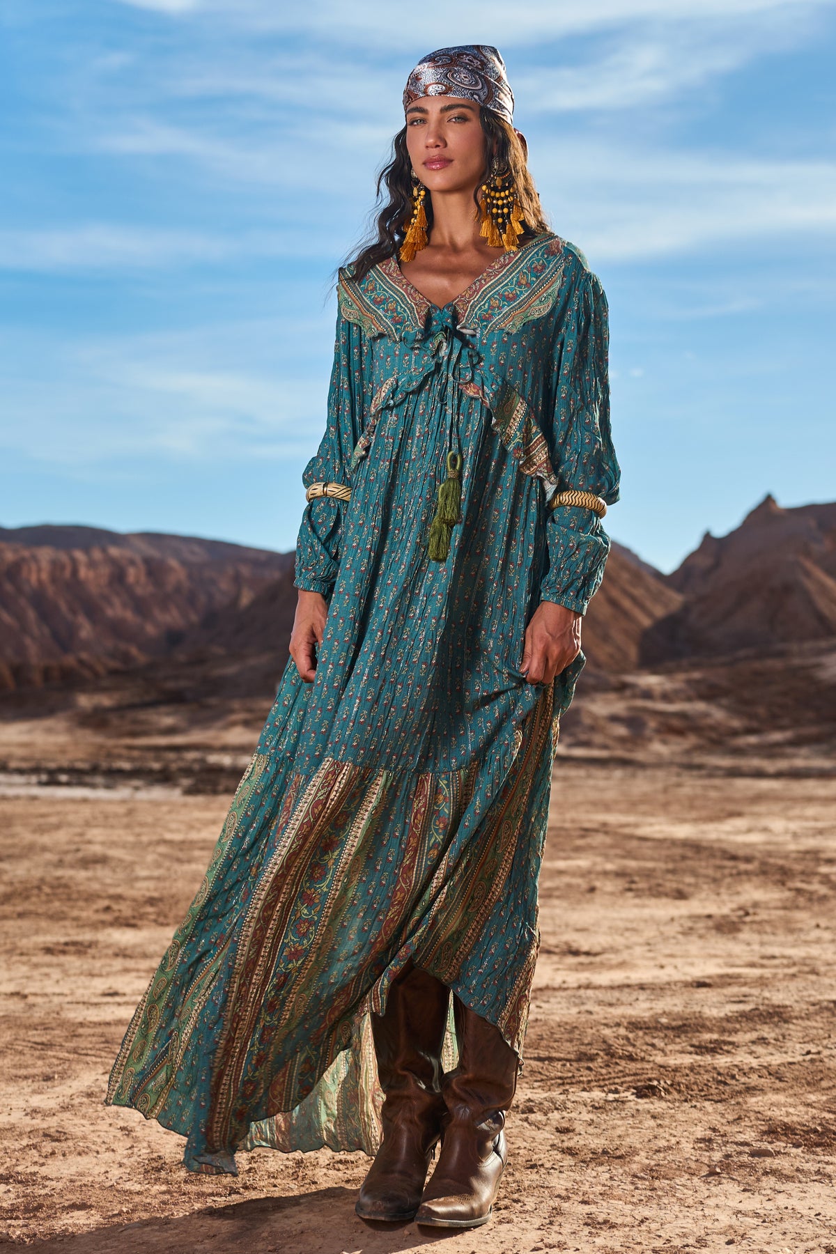 Long Dress with Lurex Ruffles Green Yacamim C1