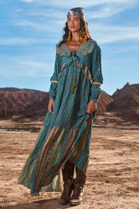 Long Dress with Lurex Ruffles Green Yacamim C1