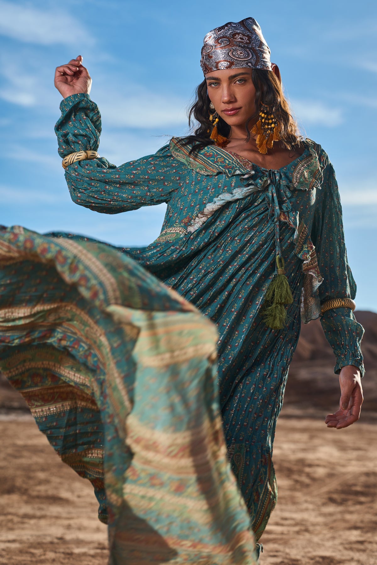 Long Dress with Lurex Ruffles Green Yacamim C1