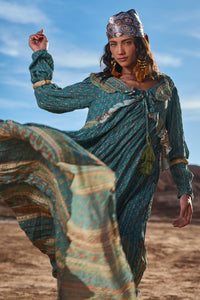 Long Dress with Lurex Ruffles Green Yacamim C1