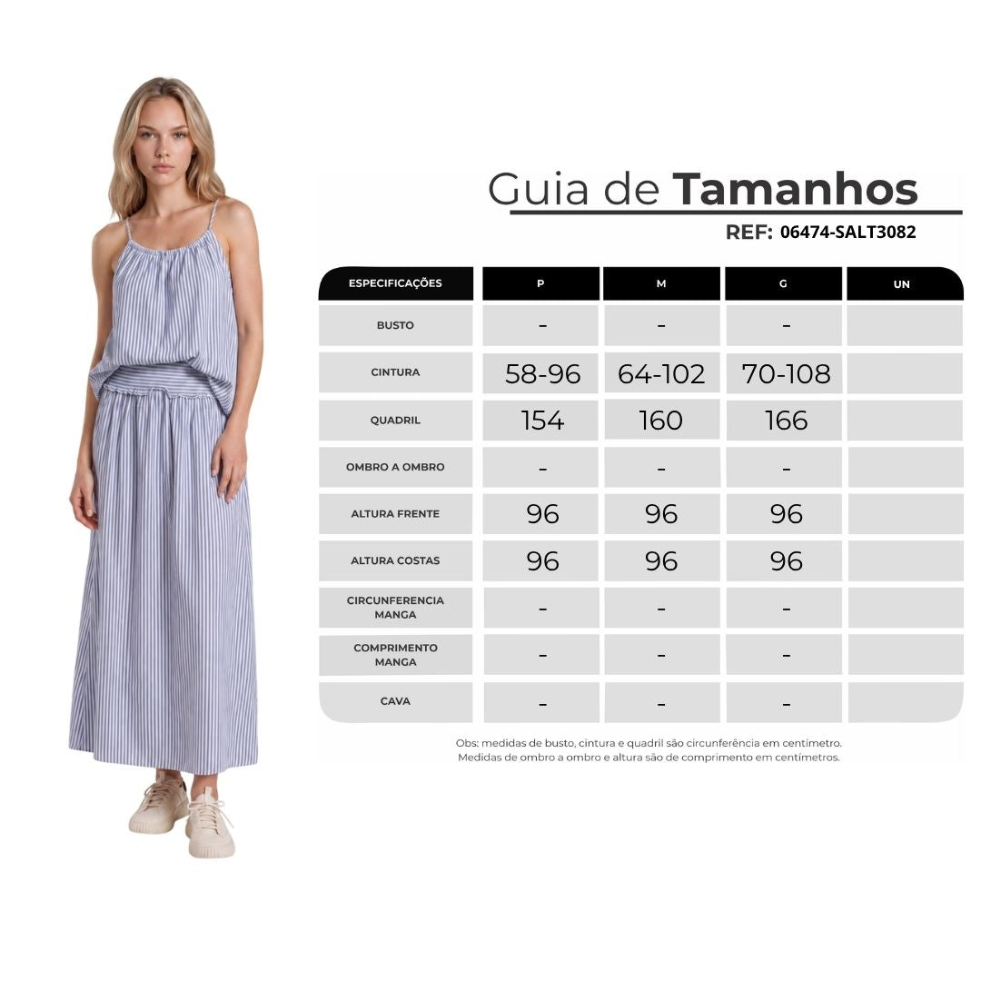 Saia Midi De Cintura Alta Com Elástico Azul Listrado Yacamim I4