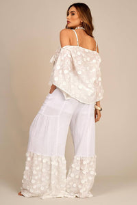 Yacamim G9 White Eyelet Ruffle Wide-Leg Pants