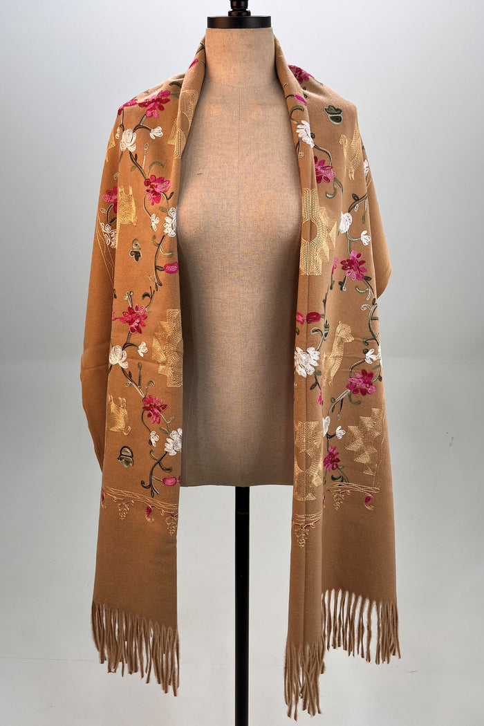Yacamim Light Brown Embroidered Cashmere Scarf #323