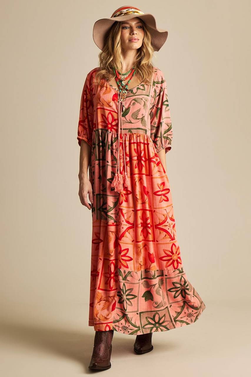 Midi Dress with 3/4 Sleeves Pink Patchwork Yacamim