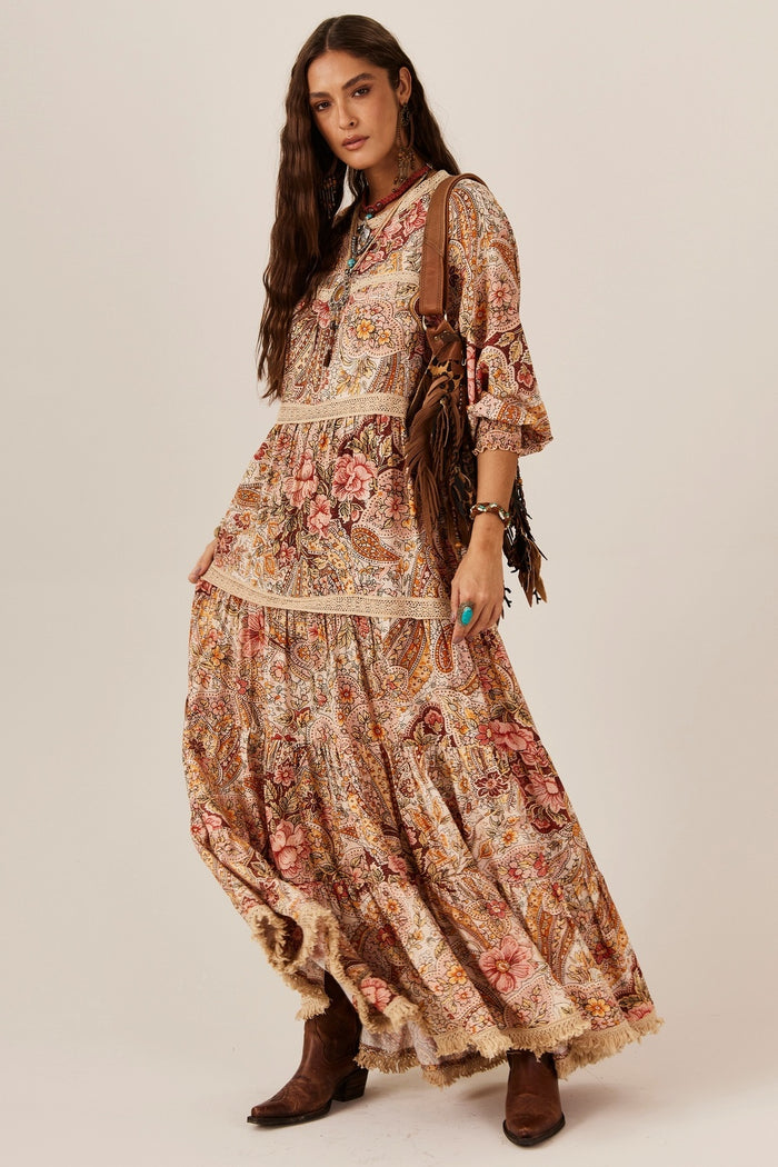 Long Dress with Lace Details Beige Paisley Print Yacamim C30