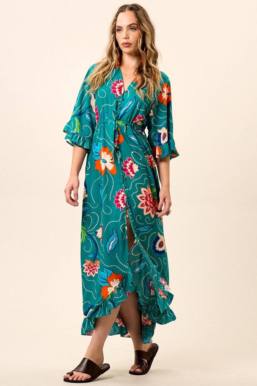 Vestido Chemise Longo Com Túnel Na Cintura Verde Estampado Yacamim C1