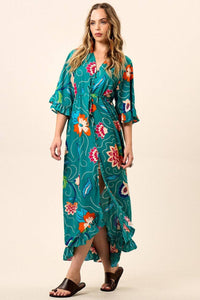 Vestido Chemise Longo Com Túnel Na Cintura Verde Estampado Yacamim C1