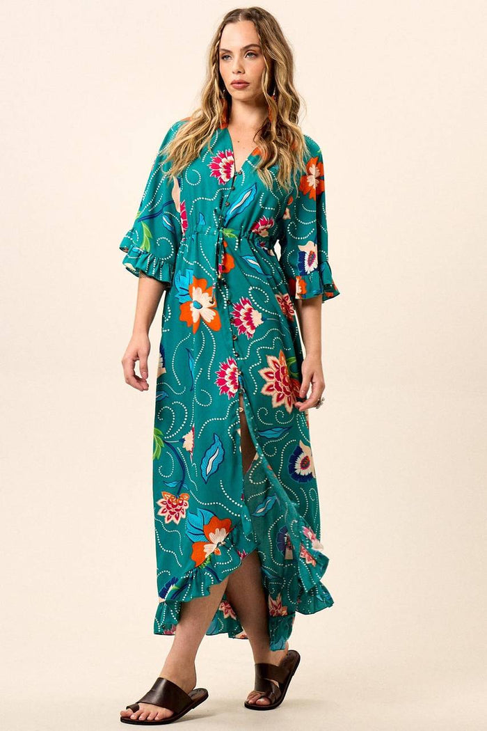 Vestido Chemise Longo Com Túnel Na Cintura Verde Estampado Yacamim C1