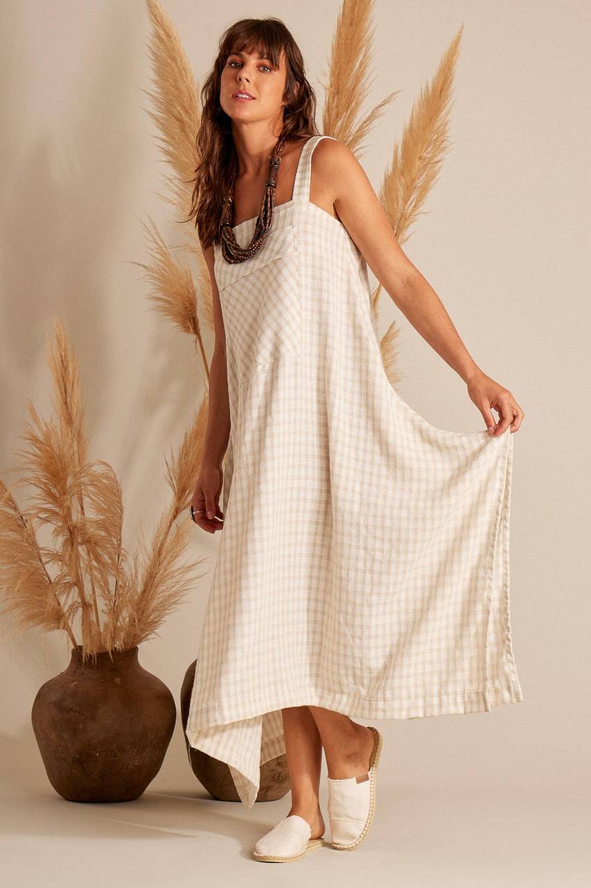 Yacamim D2 Plaid Beige Linen Midi Dress