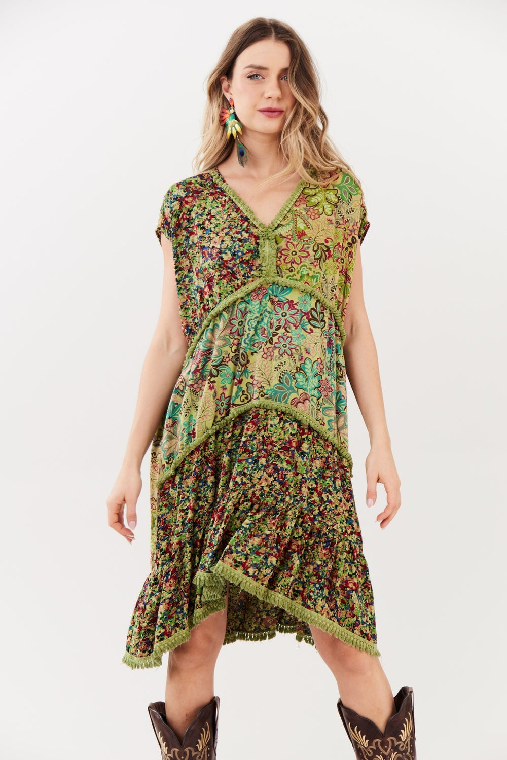 Yacamim D24 Sleeveless Green Patchwork Short Dress