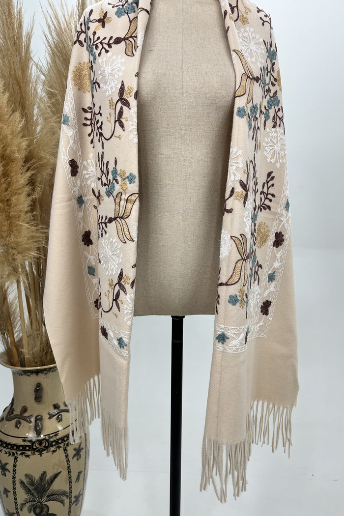 Yacamim Embroidered Beige Cashmere Scarf #233