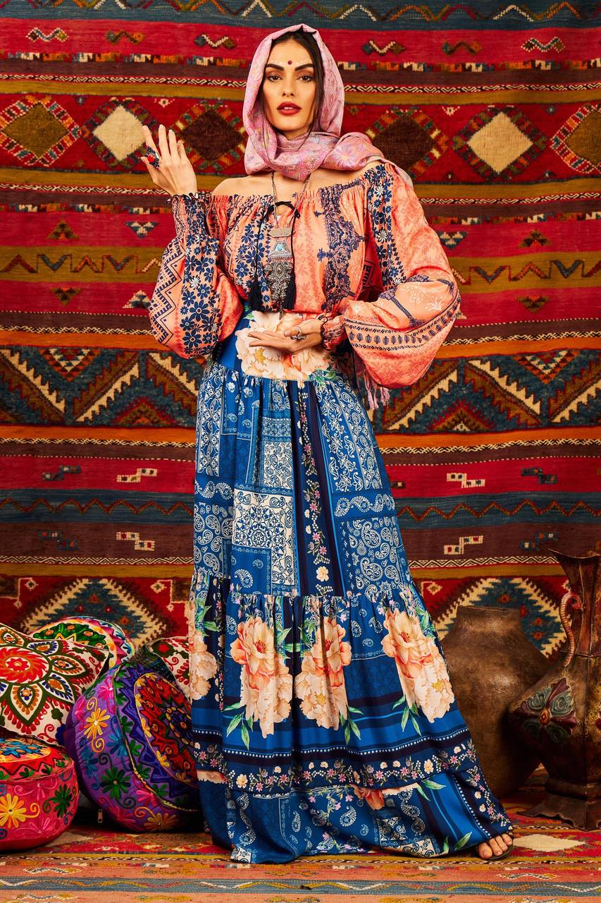 Yacamim G2 Blue Printed High-Waisted Long Skirt
