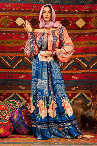 Yacamim G2 Blue Printed High-Waisted Long Skirt