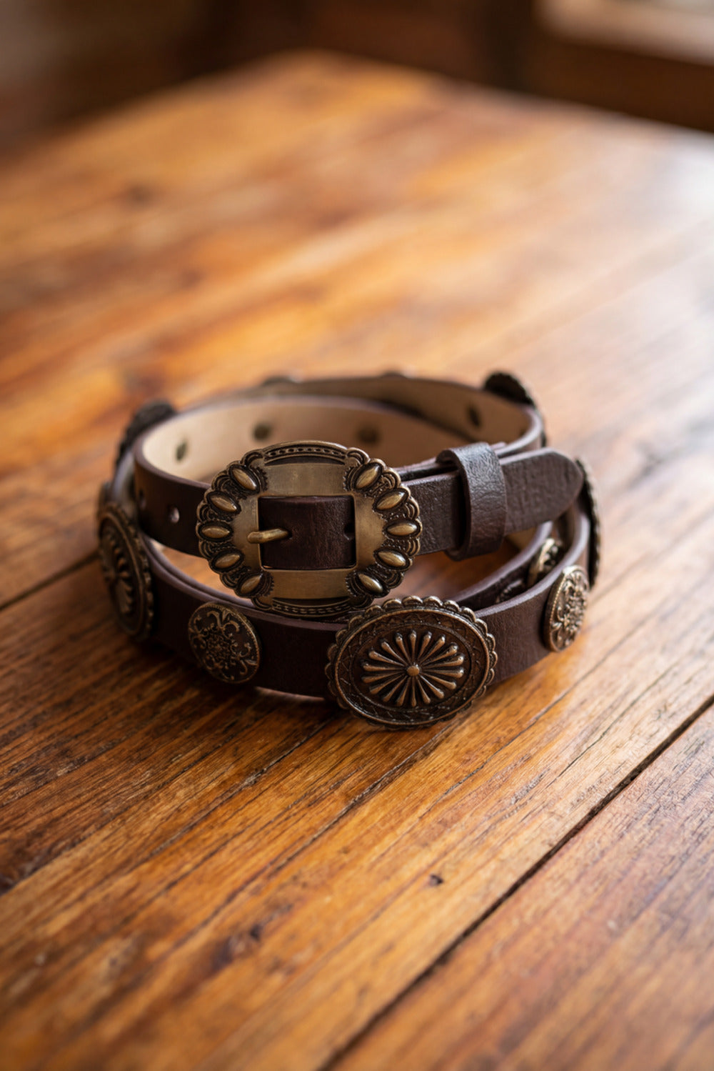 Yacamim Boho Leather Belt With Old Gold Buckle #989