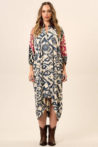 Yacamim Patchwork Print Off-White 3/4 Sleeve Loose Shirt