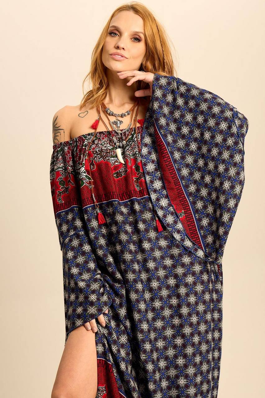 Yacamim Blue and Red Printed Flare Sleeve Off-the-Shoulder Long Dress