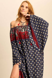 Yacamim Blue and Red Printed Flare Sleeve Off-the-Shoulder Long Dress
