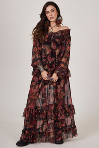 Yacamim A11 Black Tulle Long Skirt with Cashmere Print