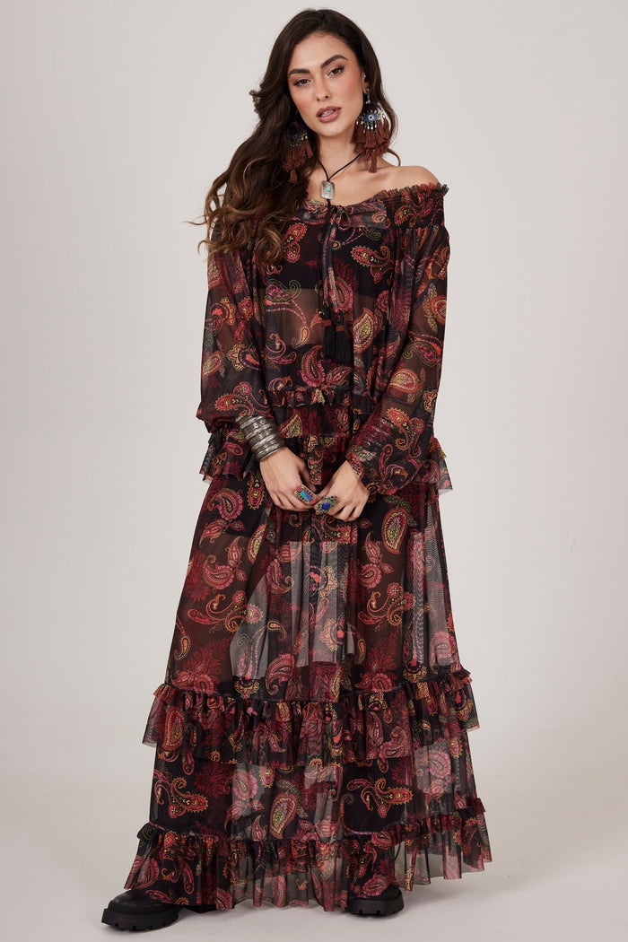 Saia Longa De Tule Preta Estampa Cashmere Yacamim A11