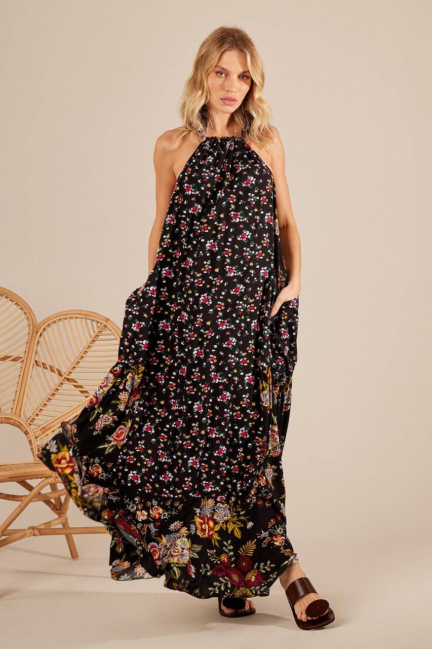 Yacamim Black Patchwork Long Dress with Tunnel Straps and Side Pockets