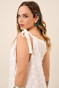 Yacamim White Long Dress with Tie Straps and Embroidered Flowers