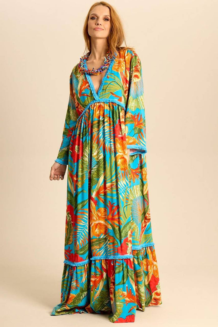 Yacamim Light Blue Long Sleeve Printed Long Dress E18
