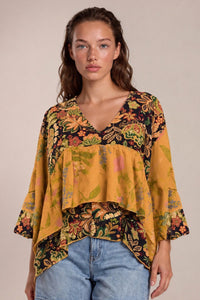 Bata Ampla Com Decote Em Babado Sobreposto Laranja Patchwork Yacamim B25