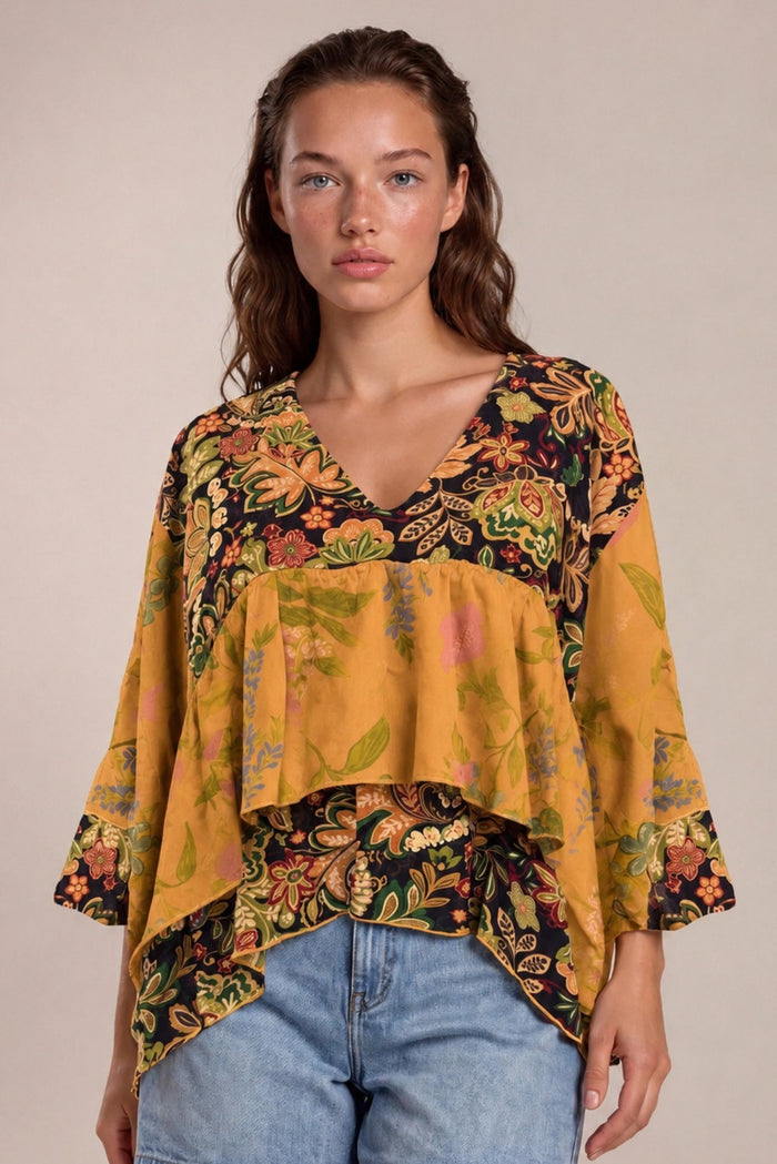 Bata Ampla Com Decote Em Babado Sobreposto Laranja Patchwork Yacamim B25