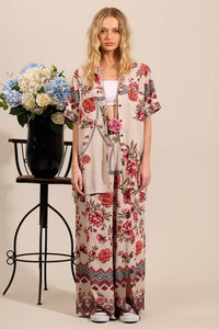 Yacamim Beige Printed Wide-Leg Pants with One Leg Slit A7