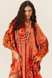 Vestido Curto Amplo Com Flores Bordadas Salmão Patchwork Yacamim C25