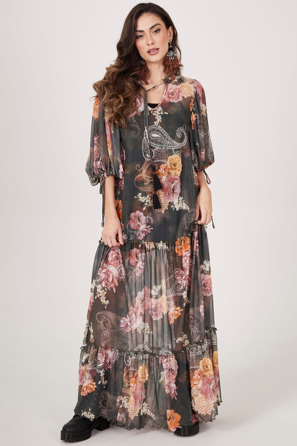 Dark Green Tulle Long Dress Cashmere Print Yacamim E14