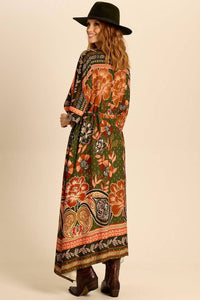 Yacamim Printed Dark Green Long Kaftan with Waist Tunnel