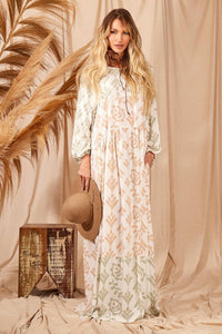 Long Off-White Yacamim Dress with Puffed Long Sleeves and Print