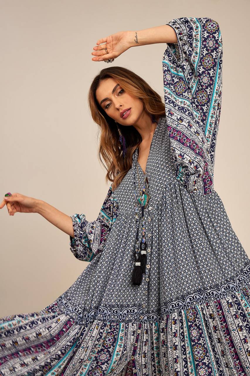 Yacamim Patchwork Blue Long Chemise Dress with Puffed Long Sleeves