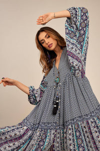 Yacamim Patchwork Blue Long Chemise Dress with Puffed Long Sleeves
