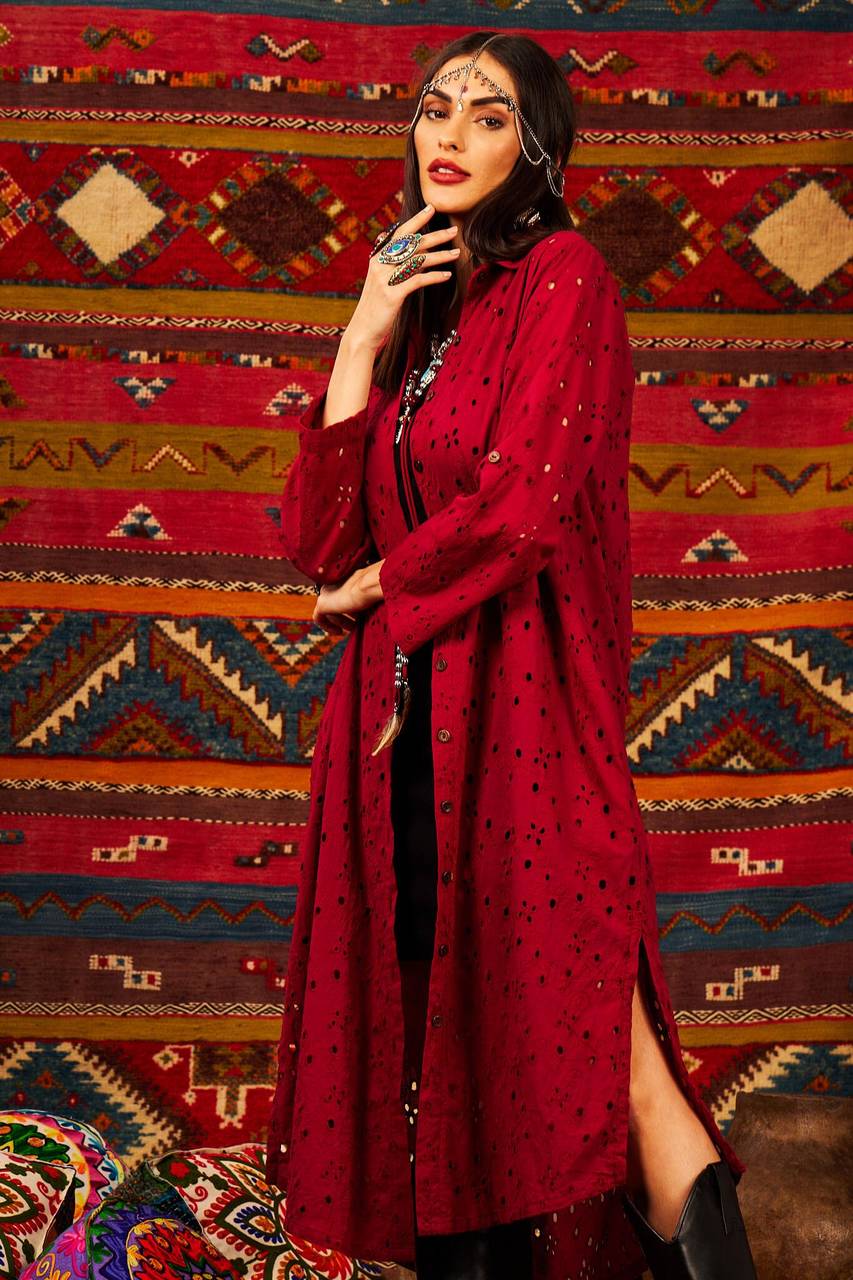 Yacamim Wine Broderie Midi Shirt with Rolled Sleeves