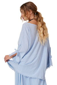 Light Blue Wide Canoe Neck Blouse Yacamim A28